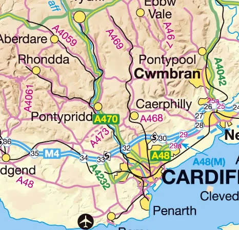 large detailed map of wales with relief roads and cities